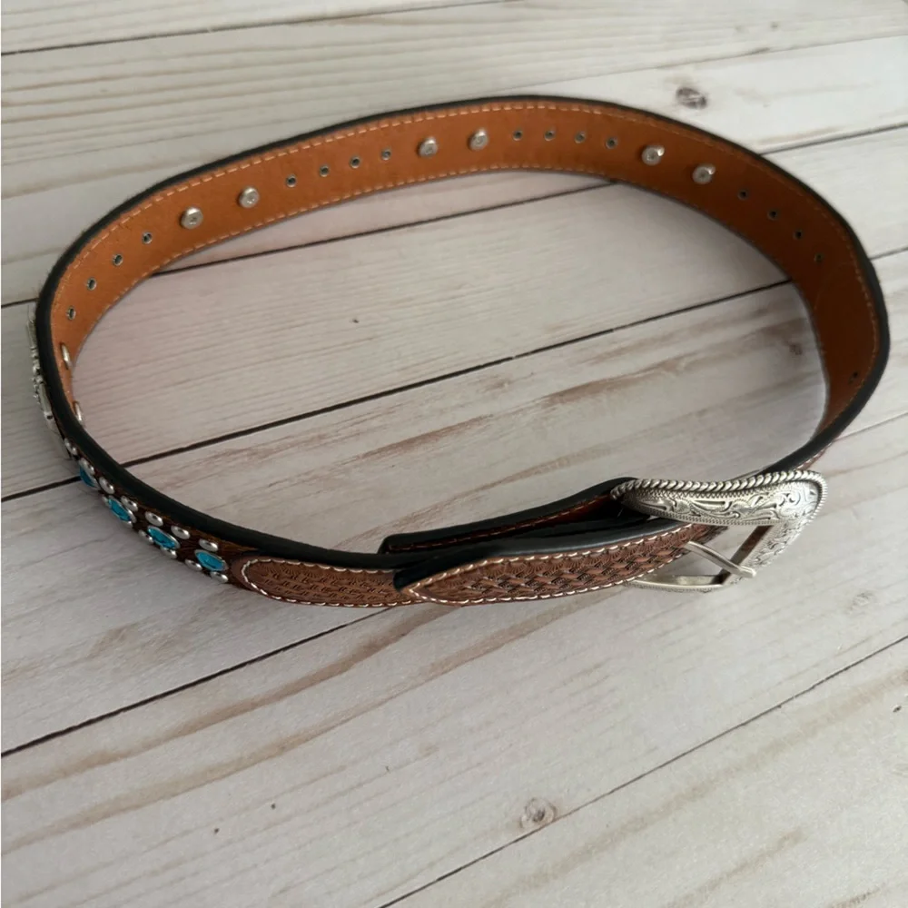 Brown and Black Kids Western-Style Belt with Turquoise Accents
